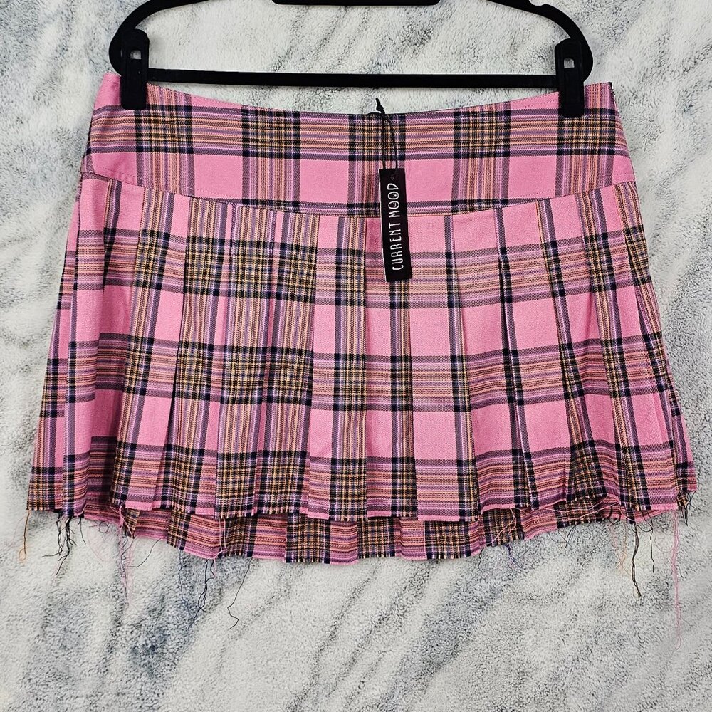 Dolls Kill Current Mood XXL Pink Plaid High Waist Pleated Mini Skirt Zip Raw Hem